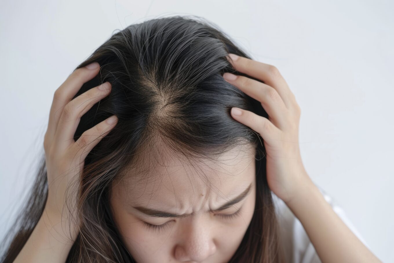 portrait young asian woman worrying about hair loss problem 1 - 헤어온의원